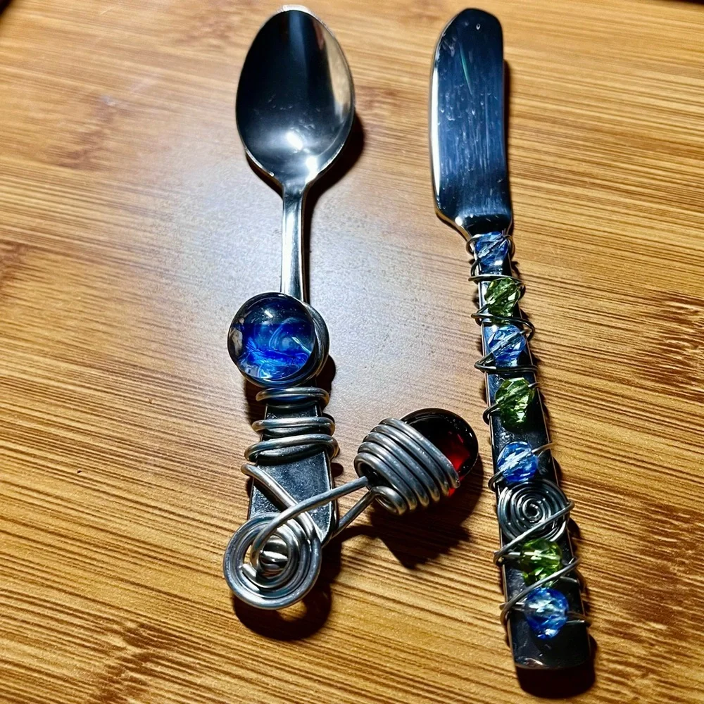 Wire & Bead Wrapped Stainless Steel Flatware Condiment Spoon Butter/Spread Knife